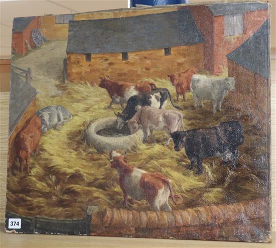 Wendy Koop, oil on canvas, Cows in straw, inscribed verso, 51 x 61cm, unframed